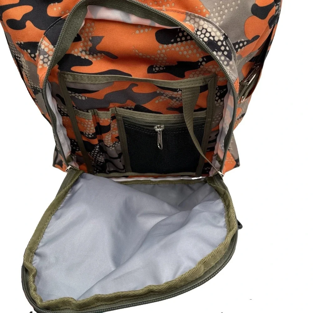 LL‎ Bean 90s Deluxe Backpack Orange Camo Reflective Outdoors School Vintage EUC